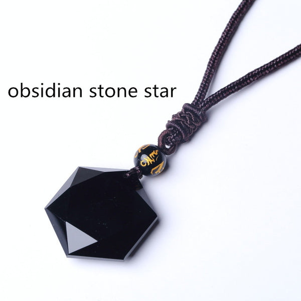 QIANXU Black Obsidian Six Awn Star Pendant Necklace Obsidian Star Jewelry Obsidian Jade Jewelry Fine Jewelry