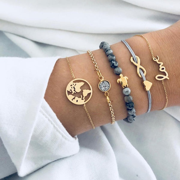 Tocoan 3pcs/Set Charm Bowknot Heart LOVE Rope Map Crystal Marble Cuff Bracelets for Women Boho Party Jewelry Pulseira 6022