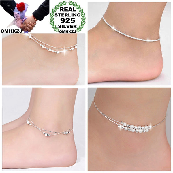OMHXZJ Wholesale European Fashion Woman Girl Party Birthday Gift Two Layers Star Beads Two Lines 925 Sterling Silver Anklet JL02