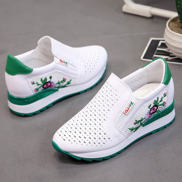 Women Casual Shoes Summer Spring Slip on Loafers Flower Mixed Colors Hollow Out Increasing Internal Height White Sneakers 35-40