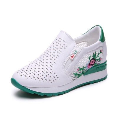 Women Casual Shoes Summer Spring Slip on Loafers Flower Mixed Colors Hollow Out Increasing Internal Height White Sneakers 35-40
