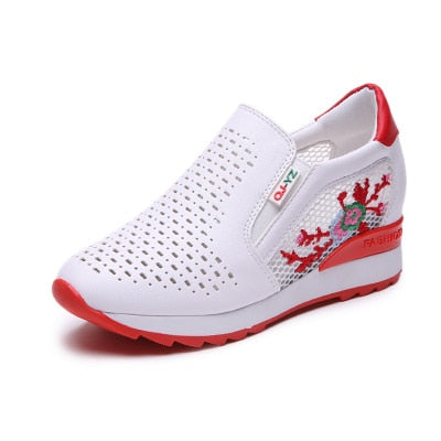 Women Casual Shoes Summer Spring Slip on Loafers Flower Mixed Colors Hollow Out Increasing Internal Height White Sneakers 35-40