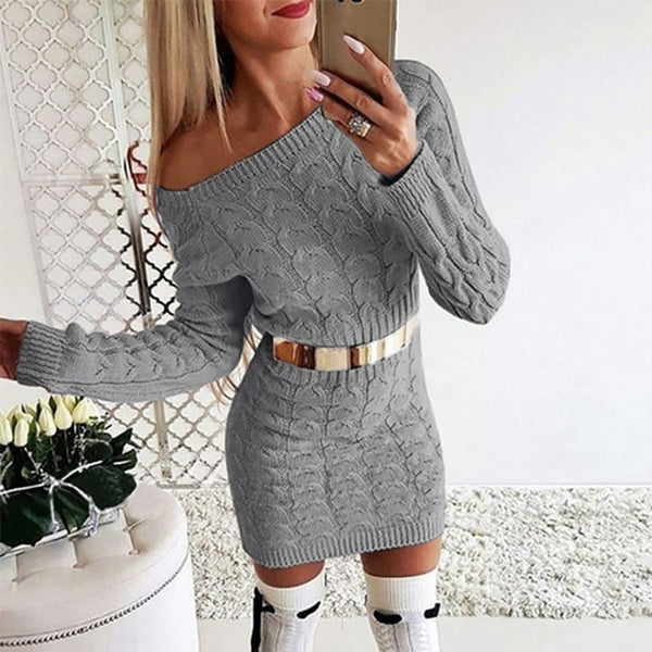 Ladies's Autumn Winter Warm Sweater Off Shoulder Women's Long Sleeve Clothing Strapless Twisted Sweater Dresses