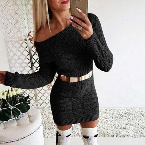 Ladies's Autumn Winter Warm Sweater Off Shoulder Women's Long Sleeve Clothing Strapless Twisted Sweater Dresses
