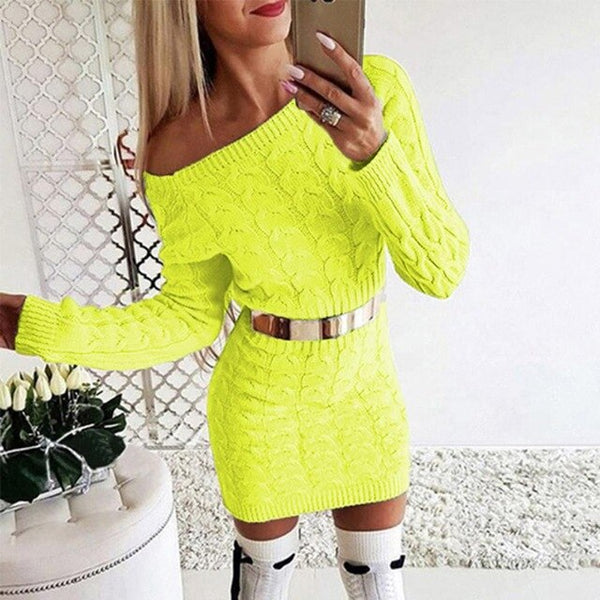 Ladies's Autumn Winter Warm Sweater Off Shoulder Women's Long Sleeve Clothing Strapless Twisted Sweater Dresses