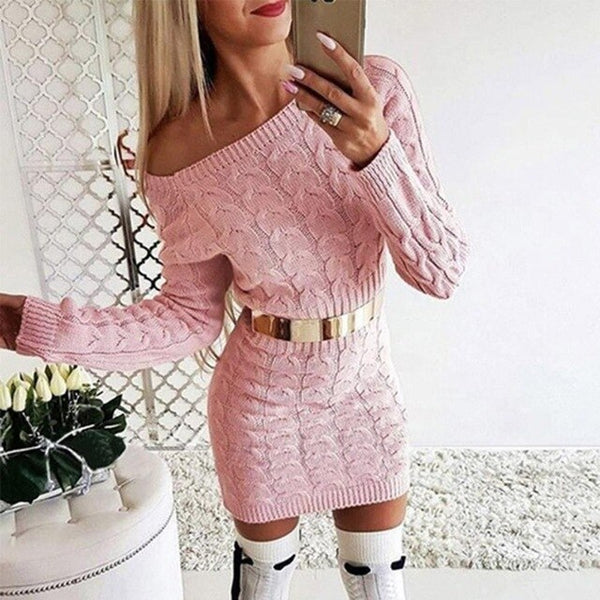 Ladies's Autumn Winter Warm Sweater Off Shoulder Women's Long Sleeve Clothing Strapless Twisted Sweater Dresses