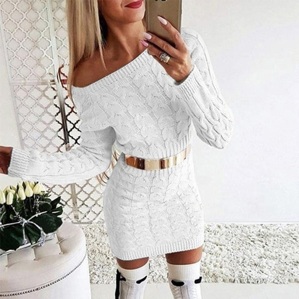 Ladies's Autumn Winter Warm Sweater Off Shoulder Women's Long Sleeve Clothing Strapless Twisted Sweater Dresses