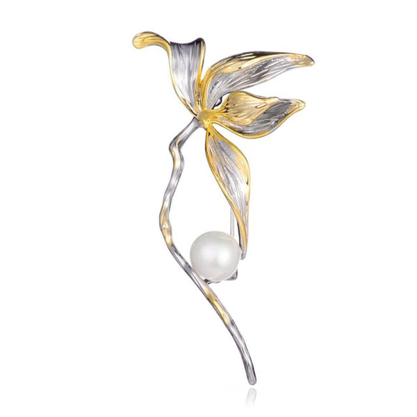 Hongye Classic Freshwater Pearl Flower Brooches Female Tulip Silver Color Pin Brooch For Women Wedding Party Dress Badge Jewelry
