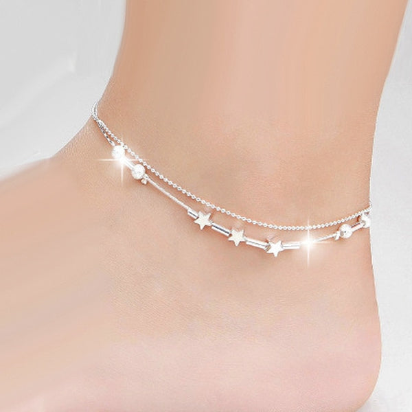 OMHXZJ Wholesale European Fashion Woman Girl Party Birthday Gift Two Layers Star Beads Two Lines 925 Sterling Silver Anklet JL02