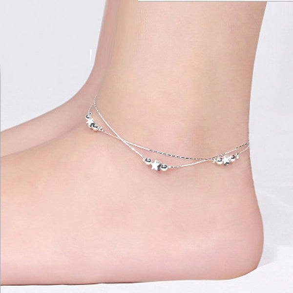OMHXZJ Wholesale European Fashion Woman Girl Party Birthday Gift Two Layers Star Beads Two Lines 925 Sterling Silver Anklet JL02
