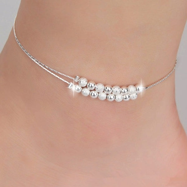 OMHXZJ Wholesale European Fashion Woman Girl Party Birthday Gift Two Layers Star Beads Two Lines 925 Sterling Silver Anklet JL02