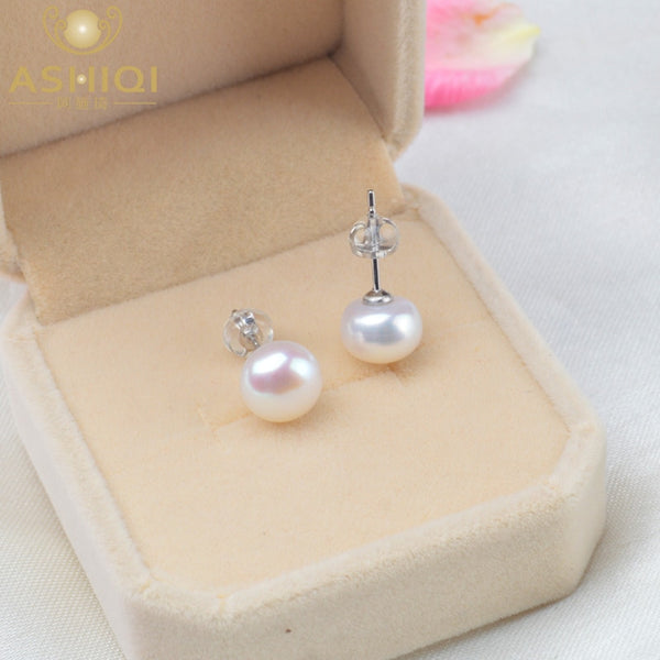 ASHIQI Natural Freshwater Pearl Stud Earrings For Women Real 925 Sterling Silver Jewelry Gift