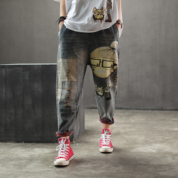 Women Spring Autumn Fashion Brand Vintage Cartoon Dog Little Girl Print Denim Jeans Female Casual Frayed Harem Pants Trousers