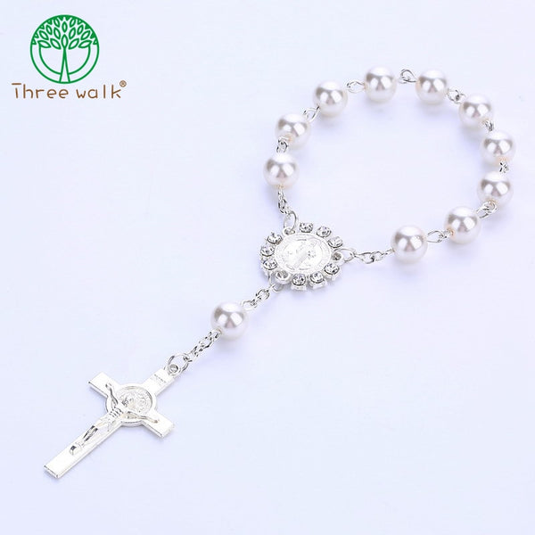 Imitation Pearl Beads Catholic Rosary Catholic Holy Communion silver color Wings Crucifix Pendants Bracelet nice gift
