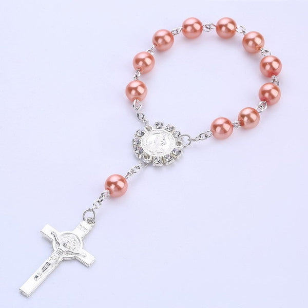 Imitation Pearl Beads Catholic Rosary Catholic Holy Communion silver color Wings Crucifix Pendants Bracelet nice gift