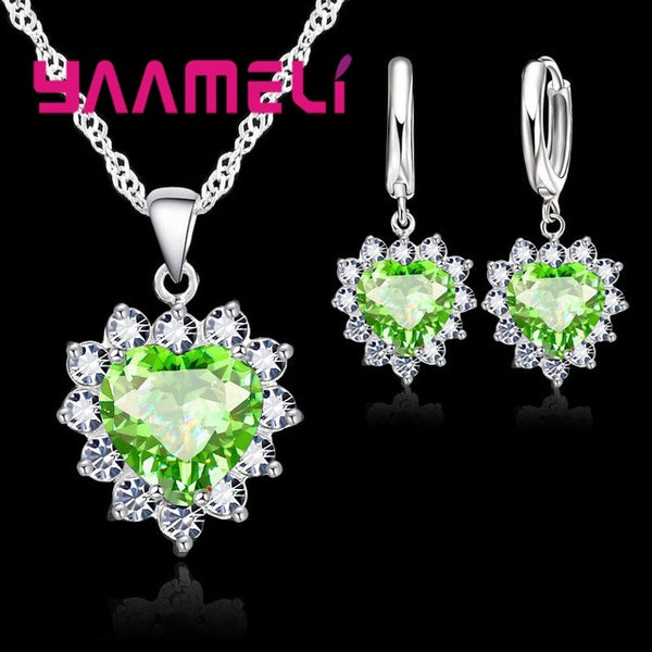 Trendy 925 Sterling Silver Jewelry Set For Women Heart CZ Stone Charm Pendants Necklaces Earrings LOVE Anniversary Gift