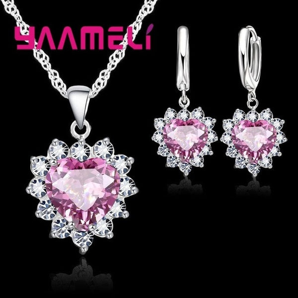 Trendy 925 Sterling Silver Jewelry Set For Women Heart CZ Stone Charm Pendants Necklaces Earrings LOVE Anniversary Gift