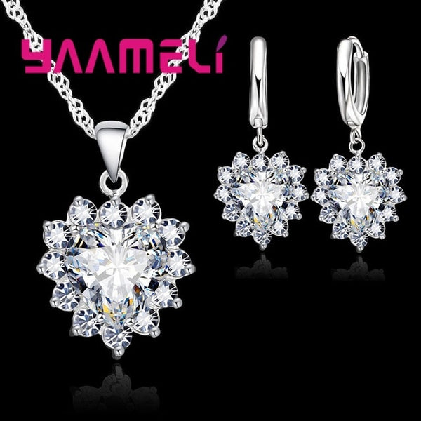 Trendy 925 Sterling Silver Jewelry Set For Women Heart CZ Stone Charm Pendants Necklaces Earrings LOVE Anniversary Gift