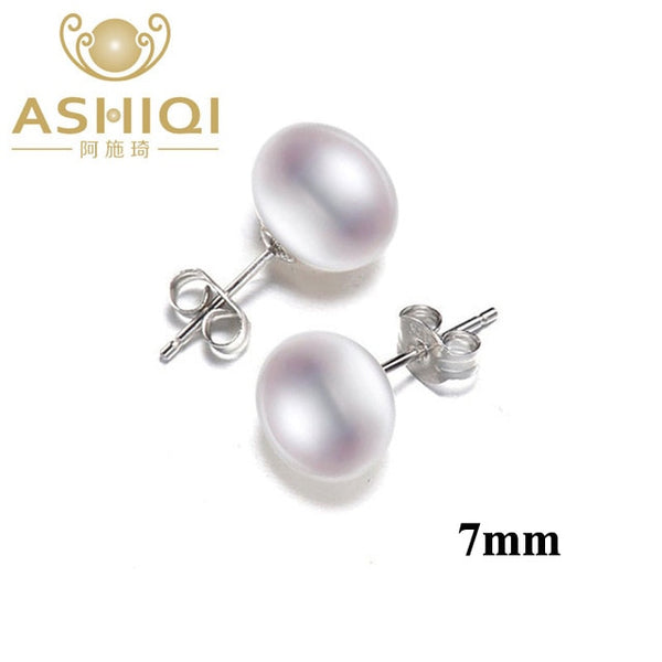 ASHIQI Natural Freshwater Pearl Stud Earrings For Women Real 925 Sterling Silver Jewelry Gift