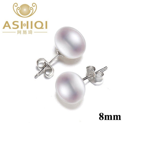 ASHIQI Natural Freshwater Pearl Stud Earrings For Women Real 925 Sterling Silver Jewelry Gift