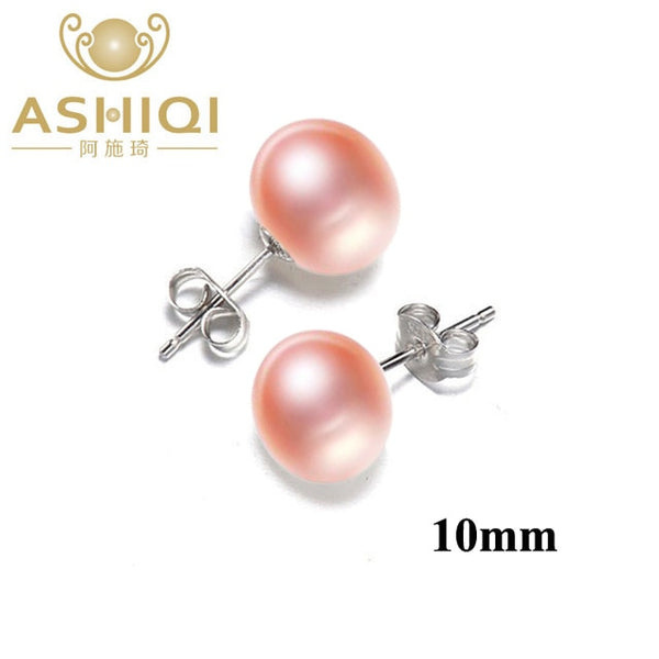 ASHIQI Natural Freshwater Pearl Stud Earrings For Women Real 925 Sterling Silver Jewelry Gift