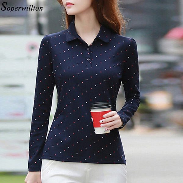100% Cotton Polo Shirt Women Long Sleeve Shirt Office Work Wear Lady 2020 Spring Autumn Polka Dot Top Female Slim Plus Size G8