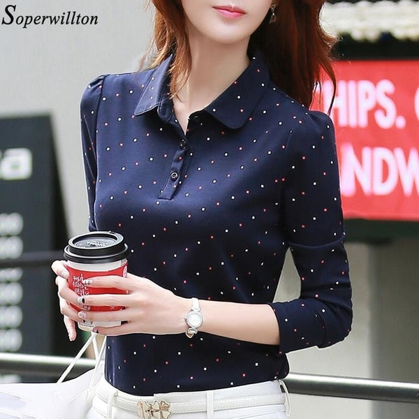 100% Cotton Polo Shirt Women Long Sleeve Shirt Office Work Wear Lady 2020 Spring Autumn Polka Dot Top Female Slim Plus Size G8