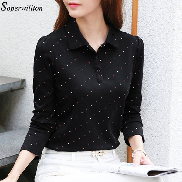 100% Cotton Polo Shirt Women Long Sleeve Shirt Office Work Wear Lady 2020 Spring Autumn Polka Dot Top Female Slim Plus Size G8