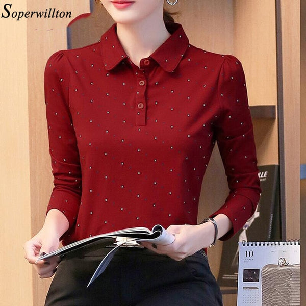 100% Cotton Polo Shirt Women Long Sleeve Shirt Office Work Wear Lady 2020 Spring Autumn Polka Dot Top Female Slim Plus Size G8