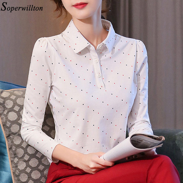 100% Cotton Polo Shirt Women Long Sleeve Shirt Office Work Wear Lady 2020 Spring Autumn Polka Dot Top Female Slim Plus Size G8