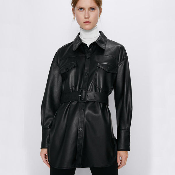 RR Slim PU Coats Women Fashion Faux Leather Jackets Women Elegant Tie Belt Waist Pockets Buttons Coats Female Ladies IP