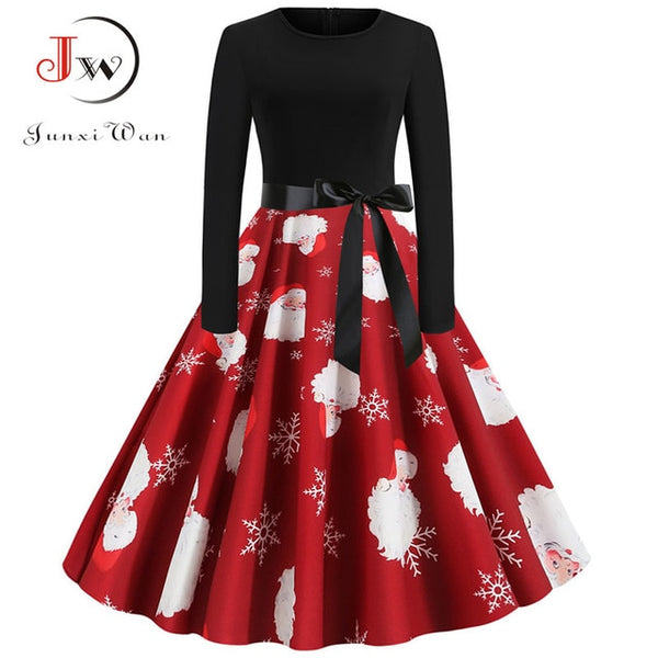 Winter Christmas Dresses Women 50S 60S Vintage Robe Swing Pinup Elegant Party Dress Long Sleeve Casual Plus Size Print Black
