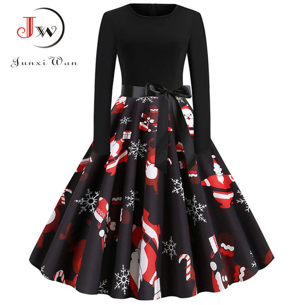 Winter Christmas Dresses Women 50S 60S Vintage Robe Swing Pinup Elegant Party Dress Long Sleeve Casual Plus Size Print Black