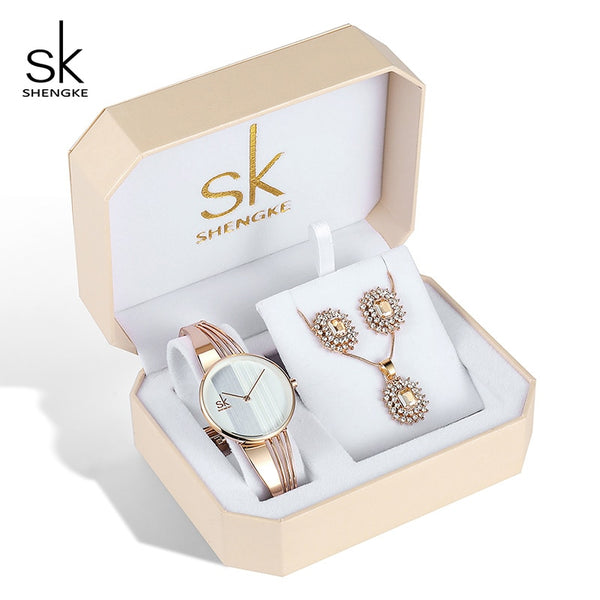 Shengke Rose Gold Watches Women Set Luxury Crystal Earrings Necklace Watches Set 2019 SK Ladies Quartz Watch Gifts For Women