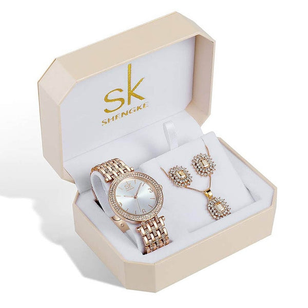 Shengke Rose Gold Watches Women Set Luxury Crystal Earrings Necklace Watches Set 2019 SK Ladies Quartz Watch Gifts For Women