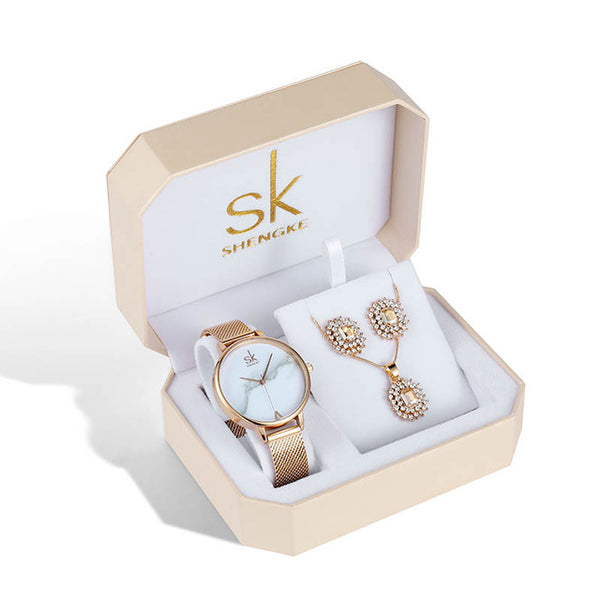 Shengke Rose Gold Watches Women Set Luxury Crystal Earrings Necklace Watches Set 2019 SK Ladies Quartz Watch Gifts For Women
