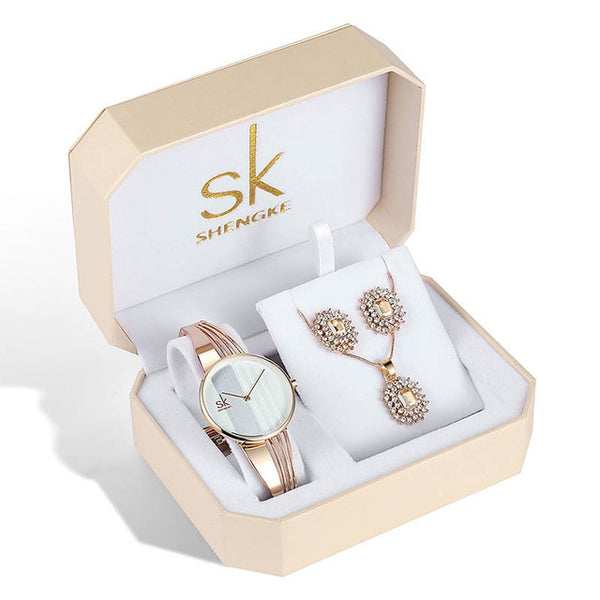 Shengke Rose Gold Watches Women Set Luxury Crystal Earrings Necklace Watches Set 2019 SK Ladies Quartz Watch Gifts For Women