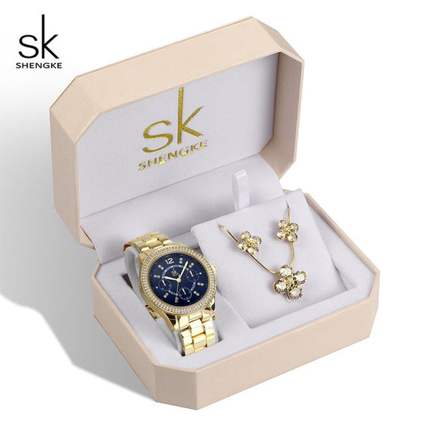 Shengke Rose Gold Watches Women Set Luxury Crystal Earrings Necklace Watches Set 2019 SK Ladies Quartz Watch Gifts For Women