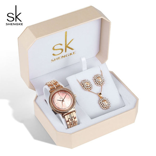 Shengke Rose Gold Watches Women Set Luxury Crystal Earrings Necklace Watches Set 2019 SK Ladies Quartz Watch Gifts For Women