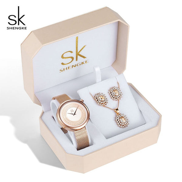Shengke Rose Gold Watches Women Set Luxury Crystal Earrings Necklace Watches Set 2019 SK Ladies Quartz Watch Gifts For Women