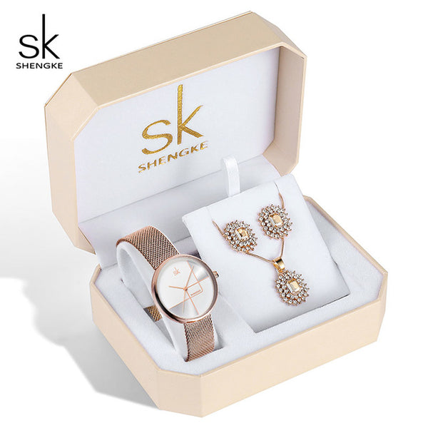 Shengke Rose Gold Watches Women Set Luxury Crystal Earrings Necklace Watches Set 2019 SK Ladies Quartz Watch Gifts For Women