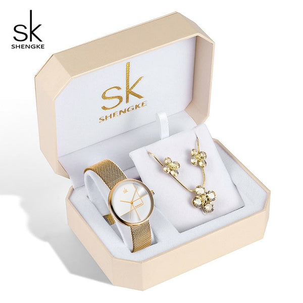 Shengke Rose Gold Watches Women Set Luxury Crystal Earrings Necklace Watches Set 2019 SK Ladies Quartz Watch Gifts For Women