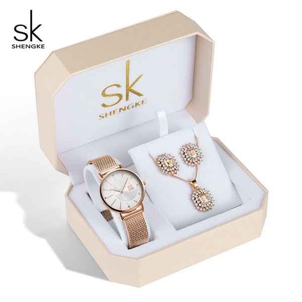 Shengke Rose Gold Watches Women Set Luxury Crystal Earrings Necklace Watches Set 2019 SK Ladies Quartz Watch Gifts For Women