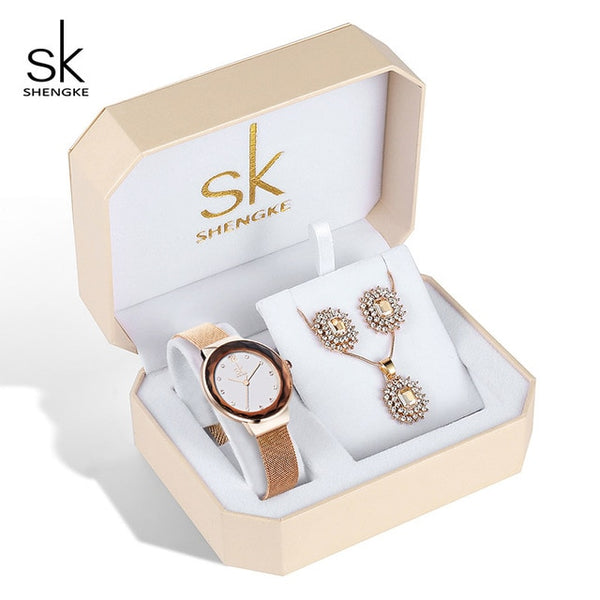 Shengke Rose Gold Watches Women Set Luxury Crystal Earrings Necklace Watches Set 2019 SK Ladies Quartz Watch Gifts For Women