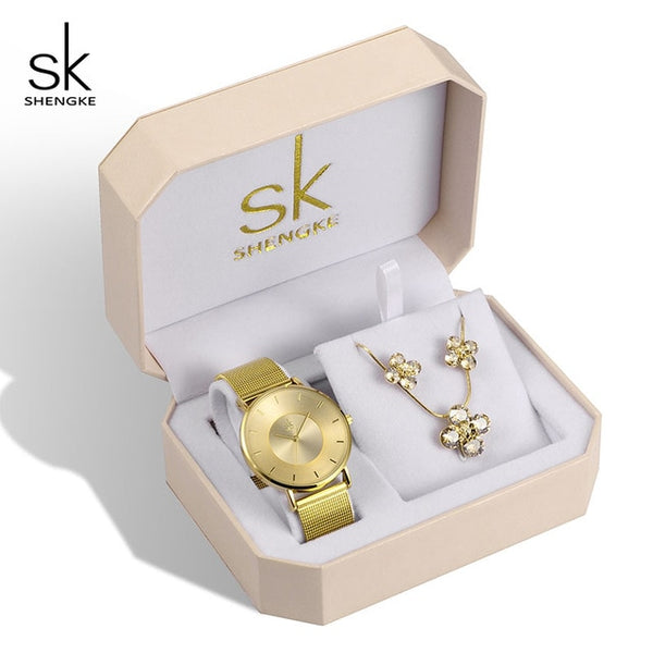 Shengke Rose Gold Watches Women Set Luxury Crystal Earrings Necklace Watches Set 2019 SK Ladies Quartz Watch Gifts For Women