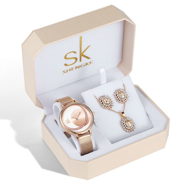 Shengke Rose Gold Watches Women Set Luxury Crystal Earrings Necklace Watches Set 2019 SK Ladies Quartz Watch Gifts For Women