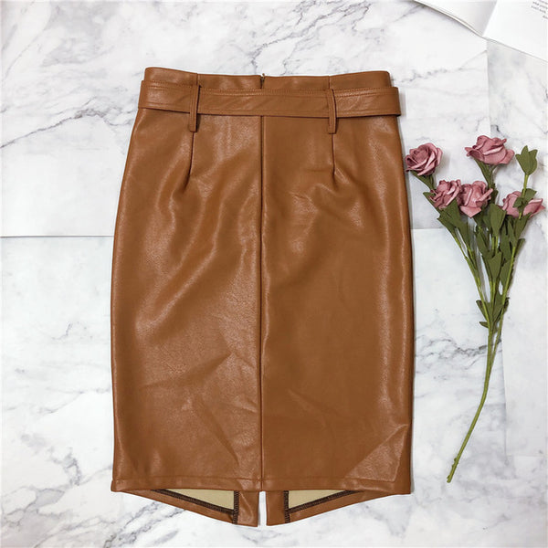 REALEFT Autumn Winter OL Elegant Pencil Midi Skirts High Waist Black PU Leather Split Sheath Wrap Skirts with Belt Female 2019