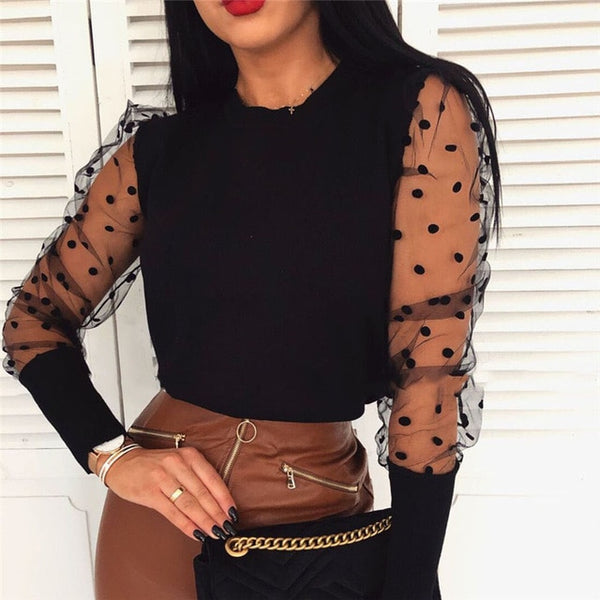 Women Spring Mesh Puff Long Sleeve Ribbed Knitted Shirt Loose Casual Polka Dots Blouse Tops Elegant Turtleneck Party Clubwear