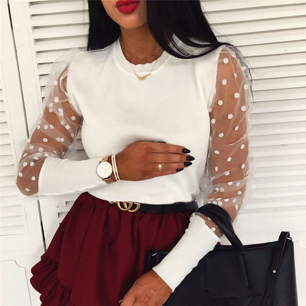 Women Spring Mesh Puff Long Sleeve Ribbed Knitted Shirt Loose Casual Polka Dots Blouse Tops Elegant Turtleneck Party Clubwear