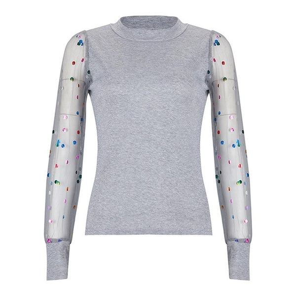 Women Spring Mesh Puff Long Sleeve Ribbed Knitted Shirt Loose Casual Polka Dots Blouse Tops Elegant Turtleneck Party Clubwear